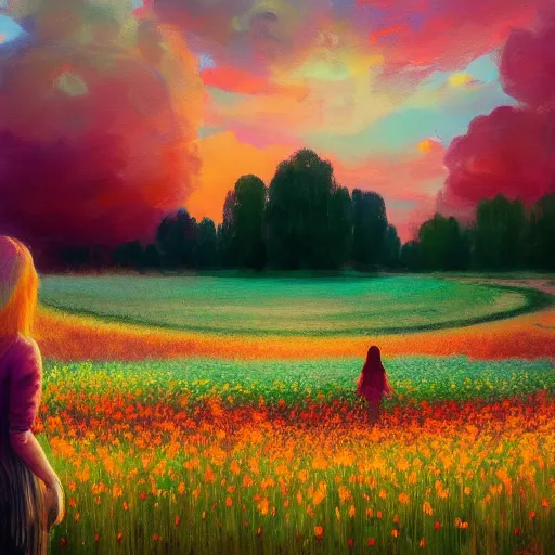 Prompt: girl with a flower face, surreal photography, bizzare, dreamlike, standing in flower field, in a valley, sunrise dramatic light, impressionistic painting, colorful clouds, artstation, simon stalenhag