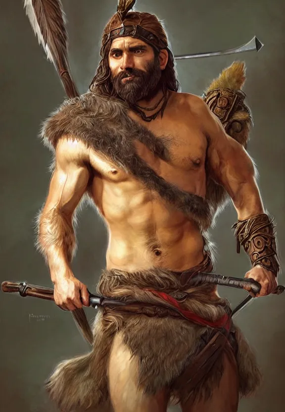 Image similar to full body portrait of a gruff ranger with a spear, wolf pelt on his head, muscular, handsome face, hairy body, D&D, fantasy, intricate, elegant, highly detailed, digital painting, artstation, concept art, matte, sharp focus, illustration, art by Artgerm and Greg Rutkowski and Alphonse Mucha