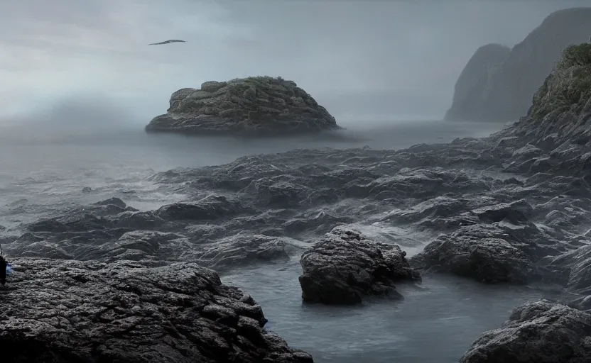 Prompt: no fear, no hesitation, no surprise, no doubt, directed by charlie kaufman ( 2 0 0 1 ) anamorphic lenses, a rocky shore in the foreground, foggy volumetric light morning, a beam of light from the heavens, cinematic trending on artstation in the style of greg rutkowski