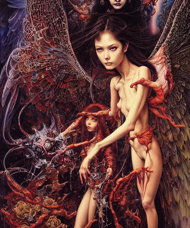 Prompt: realistic detailed image of a girl surrounded by an angel and a demon in an old bangkok apartment by Ayami Kojima, Amano, Karol Bak, Greg Hildebrandt, and Mark Brooks, Neo-Gothic, gothic, rich deep colors. Beksinski painting, part by Adrian Ghenie and Gerhard Richter. art by Takato Yamamoto. masterpiece