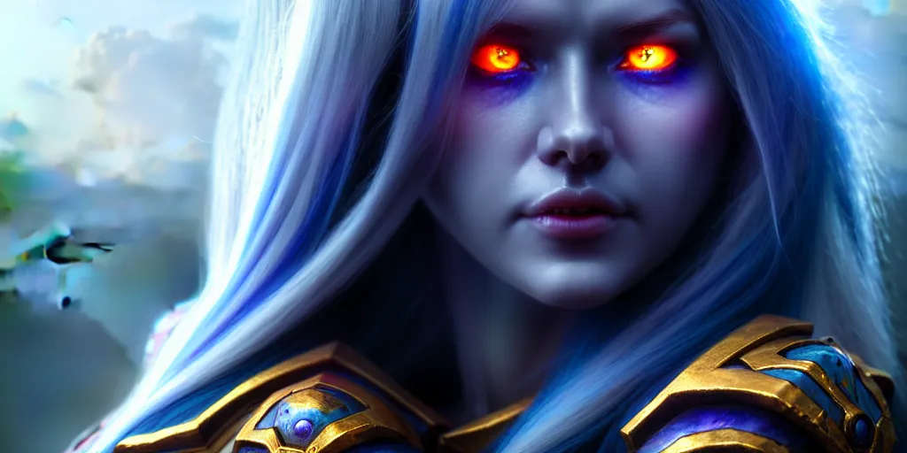 Image similar to ( ( ( ( ( hyperrealist distant portrait of sylvanas windrunner on a blue planet where it rains colors. ) ) ) ) ) by bayard wu, fantasy, photorealistic, octane render, unreal engine, dynamic lighting, trending on artstation, poster, volumetric lighting, very detailed faces, 4 k, award winning