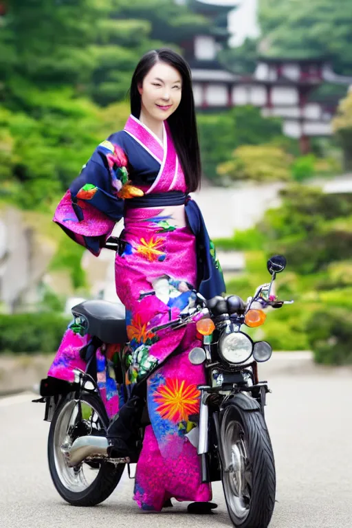 Image similar to full - length photo, young woman, riding a motorcycle, wearing japanese kimono, high heels, 4 k, colourful