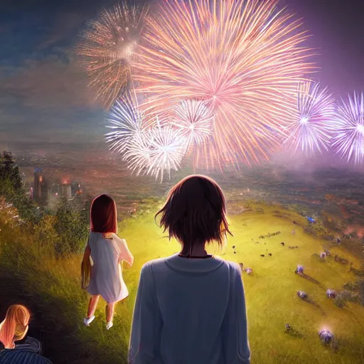 Image similar to girl watching watching fireworks on a hill, digital art, by ben weiner, richard estes, range murata, akiyuki shinbou, yoshitaka amano highly detailed, realistic, cinematic, bold colours, photorealism, 4 k, wide angle lens, trending on artstation