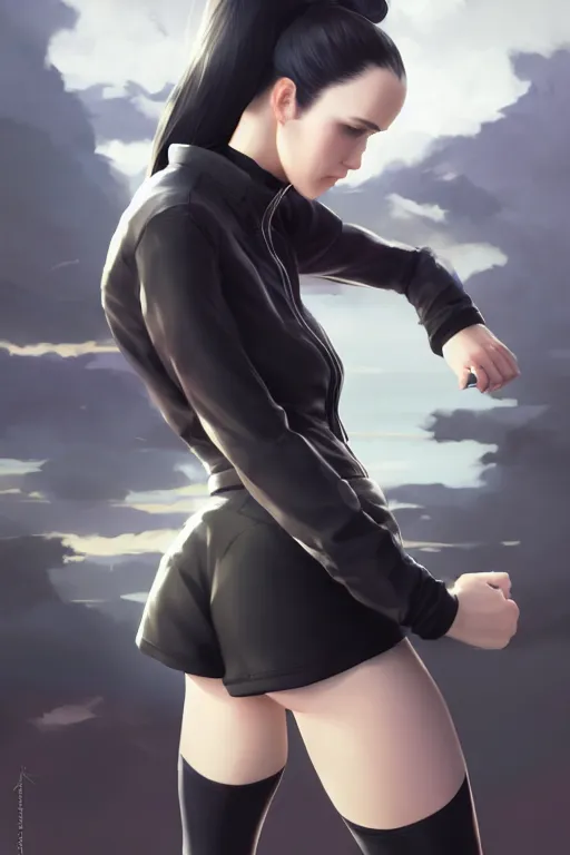 Image similar to black ponytail hair, pale woman in a black unzipped jacket, black shorts, by artgerm, beautiful render, matte painting, realistic, dynamic angle, wlop, loish, octane render, sharp focus, decadent, by greg rutkowski makoto shinkai