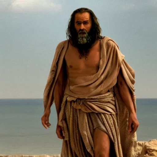 Image similar to Mediterranean man as Moses in a movie directed by Christopher Nolan, movie still frame, promotional image, imax 70 mm footage