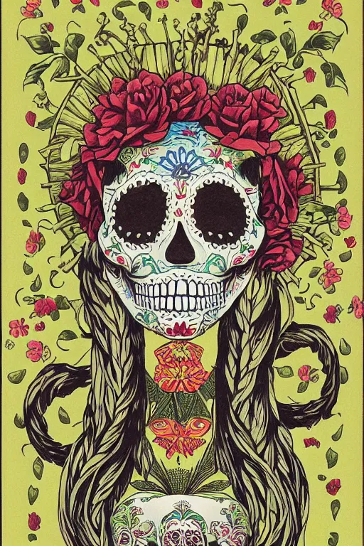 Prompt: Illustration of a sugar skull day of the dead girl, art by hasui kawase