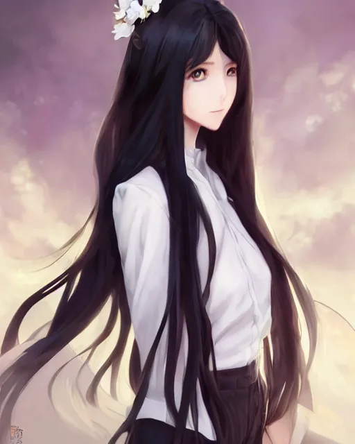 Image similar to An anime portrait of a beautiful girl with long black hair wearing a white blouse, by Stanley Artgerm Lau, WLOP, Rossdraws, James Jean, Andrei Riabovitchev, Marc Simonetti, and Sakimichan, tranding on artstation