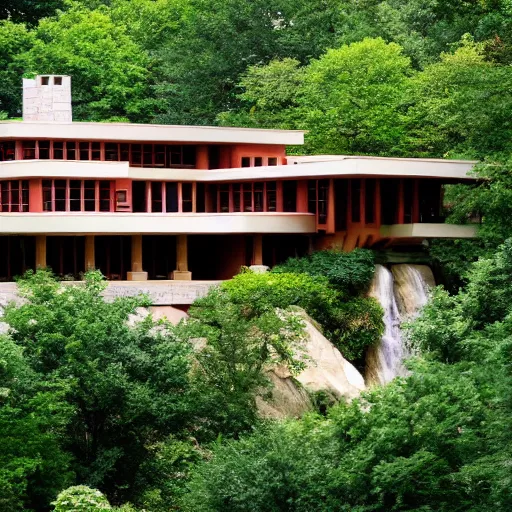 Prompt: large house in the style of Frank Lloyd Wright, like Fallingwater, painted as Seurat