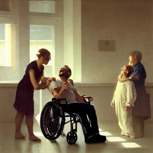 Image similar to a male patient in a wheelchair in the hospital with his wife and son standing by. happy, cheerful, smiling, intricate, face enhance, cinematic lighting, featured in artistation, 8 k, art by greg rutkowski, william adolphe bouguereau