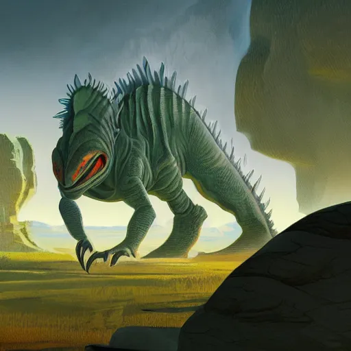 Image similar to concept art painting of alien dinosaurs, detailed, cel shaded, in the style of makoto shinkai and moebius and james gurney