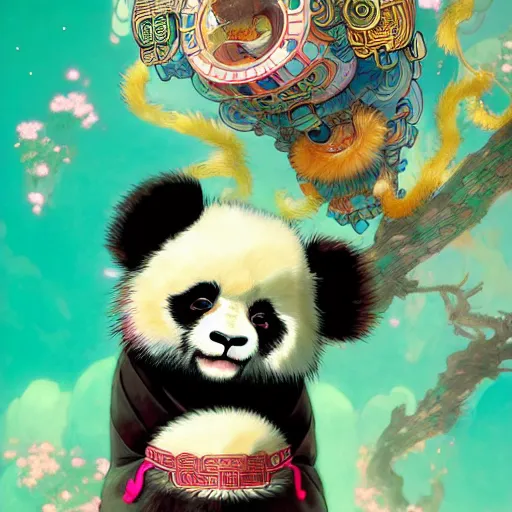 Image similar to a beautiful hyperdetailed character design 4 k wallpaper illustration of a cute panda with a chinese lion dance head victo ngai cyberpunk style, from china, style of studio ghibli, makoto shinkai, raphael lacoste, louis comfort tiffany, artgerm, james jean, ross tran, chinese style