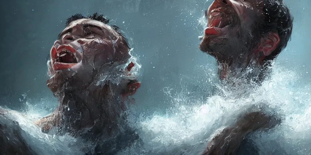 Image similar to a man desperately gasps for air mouth open as his head emerges just above the water of a raging river , Featured on Artstation, CGSociety, Behance