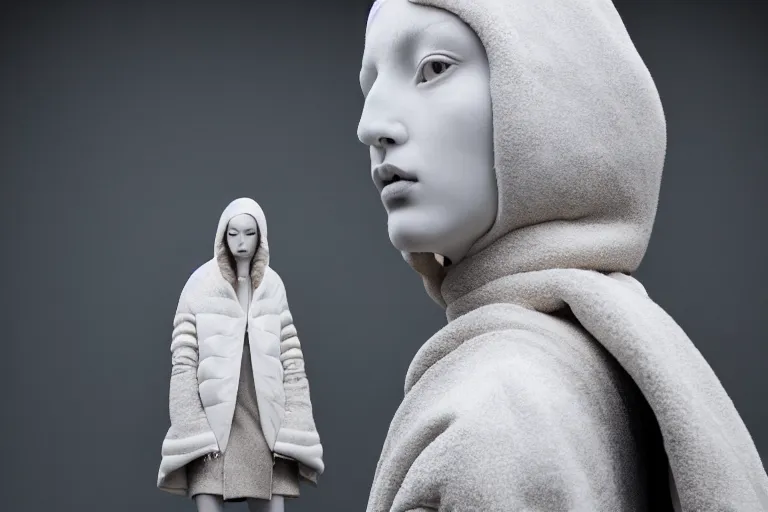 Image similar to well lit fashion shoot portrait of extremely beautiful female marble statue wearing huge over size puffer jacket by dingyun zhang, yeezy, balenciaga, vetements, a cold wall, sharp focus, clear, detailed,, cinematic, detailed, off white, glamourous, symmetrical, vogue, editorial, fashion, magazine shoot, glossy