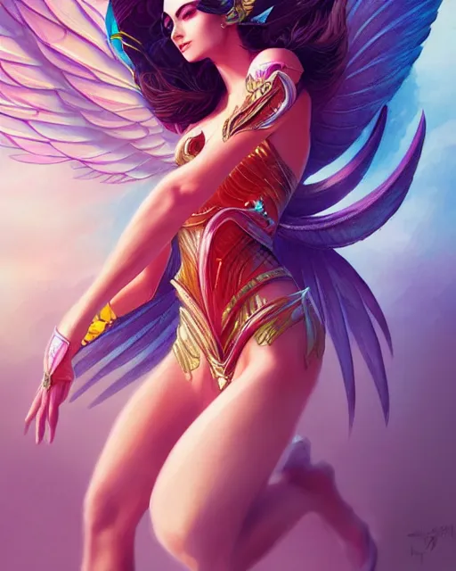 Prompt: 3 / 4 view of woman with wings, confident pose, pixie character, video game genshin impact, intricate, elegant, sharp focus, illustration, bright colors, concept art, matte, magali villeneuve, artgerm, anime, trending on artstation