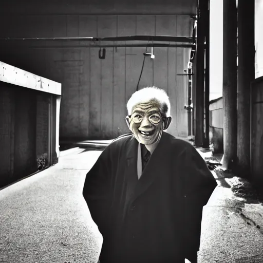 Prompt: a character portrait photo of a smiling old japanese man, hopeful, flickr contest winner, neo-expressionism, art photography, industrial background, hyperrealism, chiaroscuro, anamorphic lens flare, elegant, shallow depth of field, haze, volumetric lighting, low-contrast, colors, photo taken with provia, 24mm, f1.8, by Filip Hodas, by Andrew Domachowski