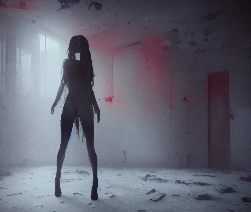 Image similar to gothic girl standing on an abandoned hospital room with red ceiling lighting and several blue lights on the walls, gloomy and foggy atmosphere, octane render, artstation trending, horror scene, highly detailded