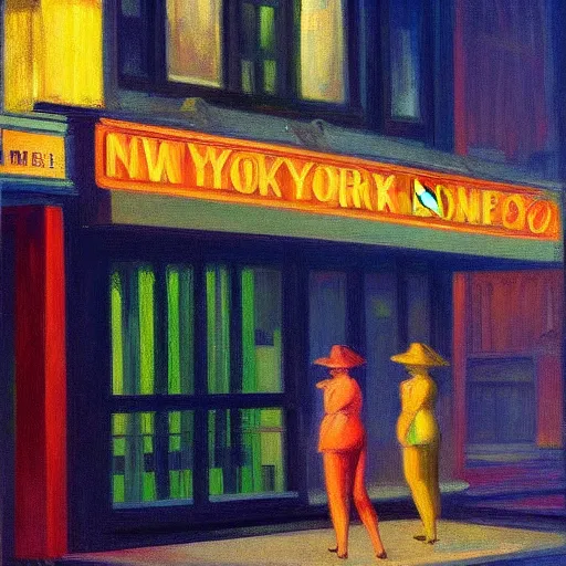 Prompt: painting of new york city, street view, night, glow of neon lights, by edward hopper.