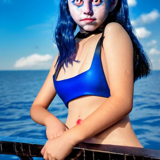 Image similar to a dnd Triton girl with blue skin and messy black hair wearing a black swimsuit sitting on the deck of a ship and holding an apple, a little blue-skinned girl with messy black hair sharp pointed ears freckles along the ridges of her cheeks, dnd triton, high resolution film still, 4k, HDR colors