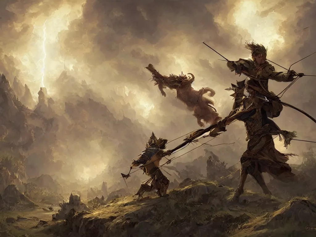 Image similar to a huntsman using a bow and arrow made out of lightning in the baroque era, hearthstone art style, epic fantasy style art by Craig Mullins, fantasy epic digital art, epic fantasy card game art by Greg Rutkowski