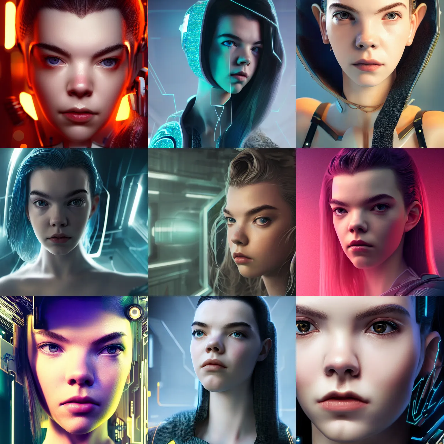 Prompt: full-length portrait of beautiful cyber lady Anya Taylor-Joy, cyberpunk, close-up perfect face, photorealistic, octane render, 35mm, symmetric eyes, coherent, 4k, Unreal Engine, intricate details, concept art, volumetric lighting, trending or artstation, award winning, beautiful scenery, ray tracing