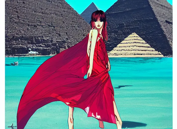 Image similar to lee jin - eun in luxurious dress emerging from turquoise water in egyptian pyramid city during an eclipse by android james, conrad roset, m. k. kaluta, martine johanna, rule of thirds, elegant look, beautiful, chic