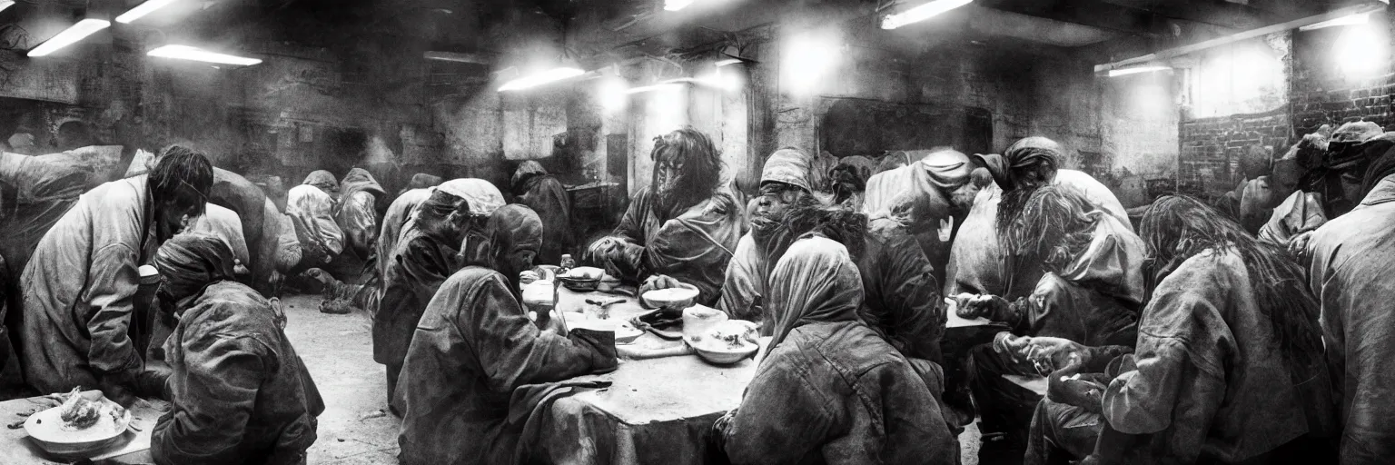 Image similar to Award Winning Editorial wide-angle picture of a Tramps in a new York Soup Kitchen by David Bailey and Lee Jeffries, called 'The Last Supper', 85mm ND 5, perfect lighting, gelatin silver process