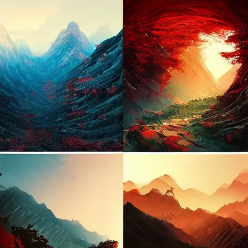 Prompt: chinese mountain scenery, by anato finnstark, by alena aenami, by john harris, by ross tran, by wlop, by andreas rocha