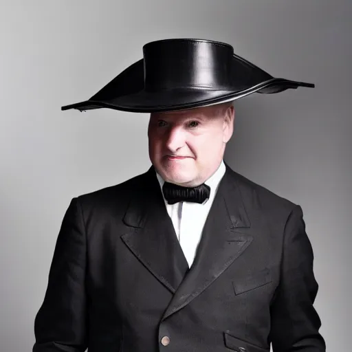 Prompt: a gentleman wearing a tall black leather hat