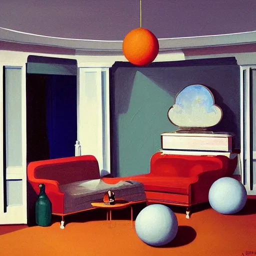 Image similar to spherical people with clouds at red green art deco living room, open ceiling, highly detailed, painted by Francis Bacon and Edward Hopper, painted by James Gilleard, surrealism, airbrush, art by JamesJean