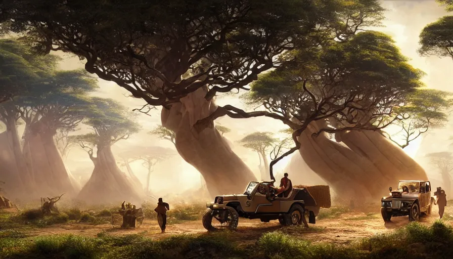 Image similar to mahindra thar driving through madagascar with baobabs trees, tribe members chasing for an attach, action scene, artgerm and greg rutkowski and alphonse mucha, an epic fantasy, volumetric light, detailed, establishing shot, an epic fantasy, trending on art station, octane render, midsommar