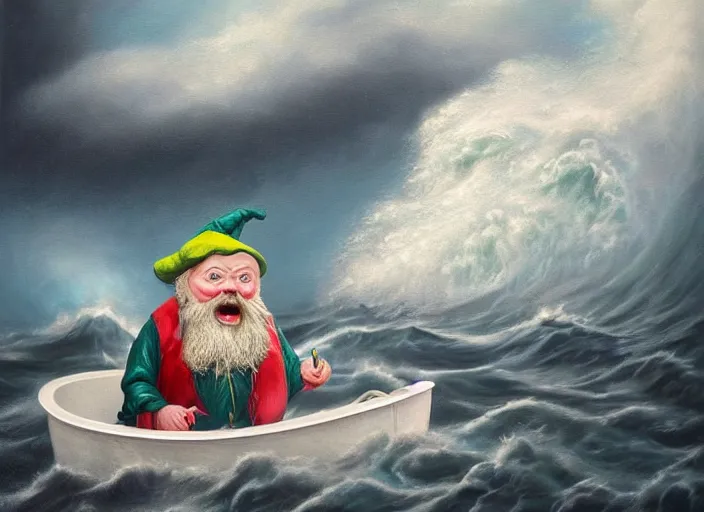 Image similar to a terrified garden gnome sailing in a bucket, background of raging ocean on a stormy with dramatic clouds, an ultrafine detailed painting by mark ryden, trending on deviantart, pop surrealism, whimsical, lowbrow, danger, perfect symmetrical face