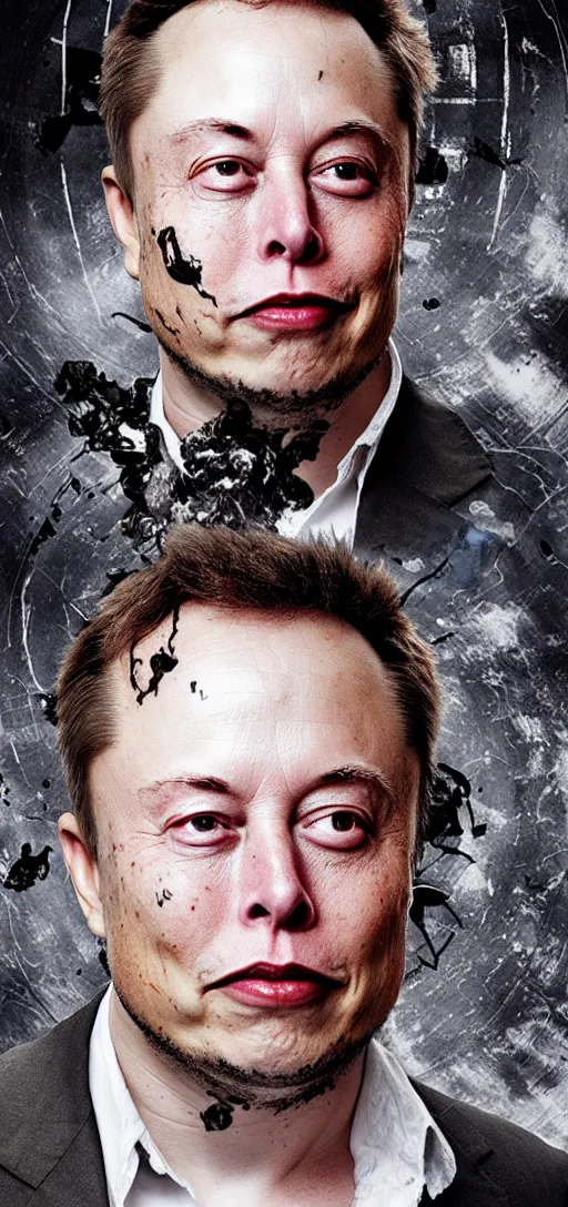 Image similar to a rotting and old horror picture of elon musk with dark rottendollar bills and rocket plumes, body horror, scary, dark, creepy,