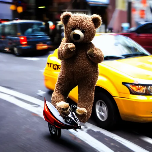 Image similar to A teddy bear wearing a motorcycle helmet and cape car surfing on a taxi cab in New York City. dslr photo.