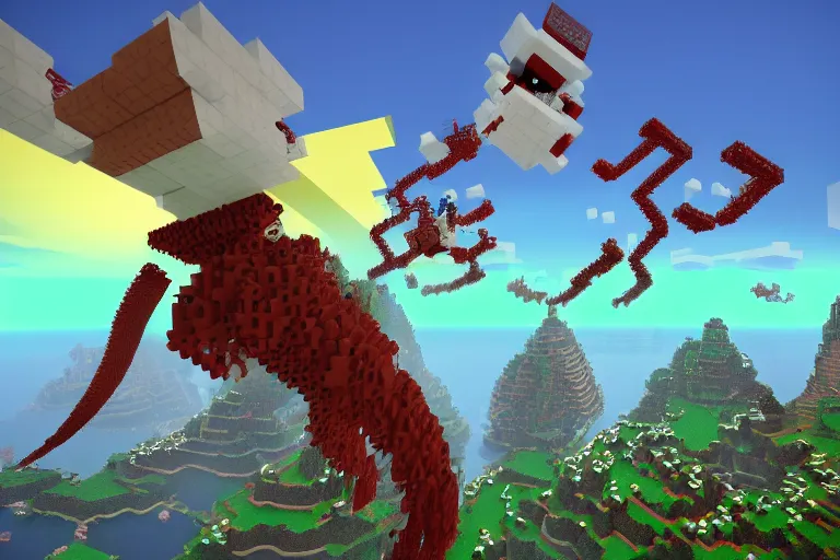 Image similar to giant squids battling in the sky, minecraft, 4 k