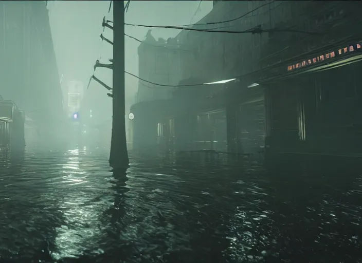 Image similar to dark, misty, foggy, flooded new york city street swamp in Destiny 2, liminal creepy, dark, dystopian, abandoned highly detailed 4k 60fps in-game destiny 2 screenshot gameplay showcase