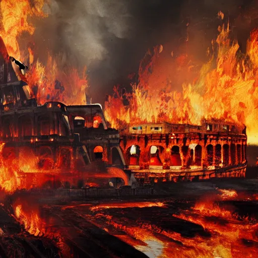 Image similar to Painting of the great fire of rome,abstract. realism, 8k, detailed, terror, octane render