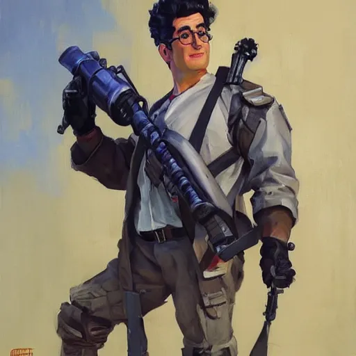 Image similar to greg manchess portrait painting of armored ghostbuster egon spengler as overwatch character, medium shot, asymmetrical, profile picture, organic painting, sunny day, matte painting, bold shapes, hard edges, street art, trending on artstation, by huang guangjian and gil elvgren and sachin teng