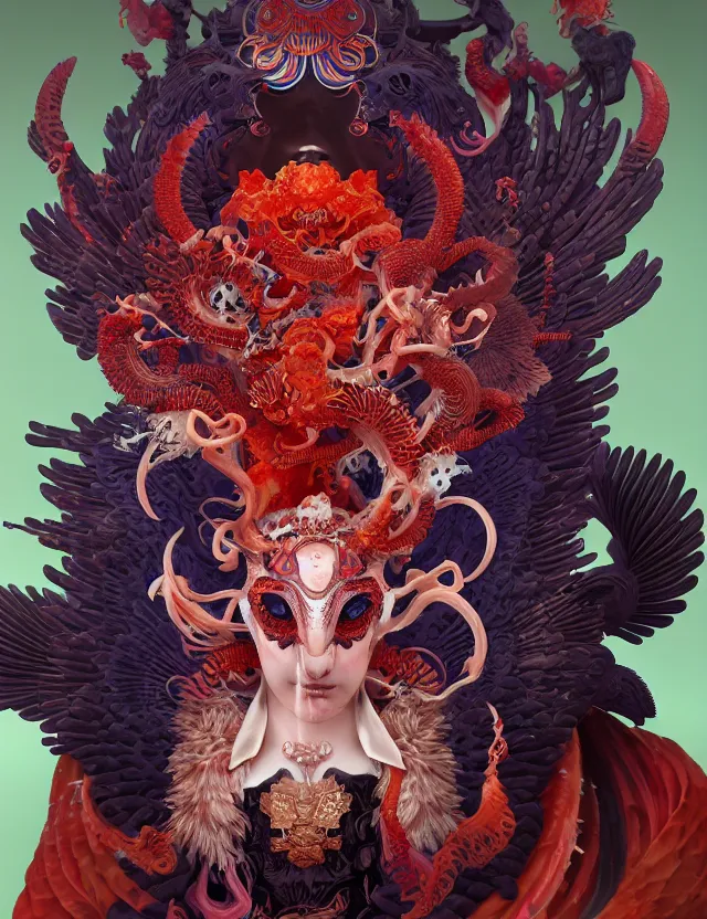 Image similar to 3 d goddess of hell close - up profile portrait with ram skull. beautiful intricately detailed japanese crow kitsune mask and clasical japanese kimono. betta fish, jellyfish phoenix, bio luminescent, plasma, ice, water, wind, creature, artwork by tooth wu and wlop and beeple and greg rutkowski