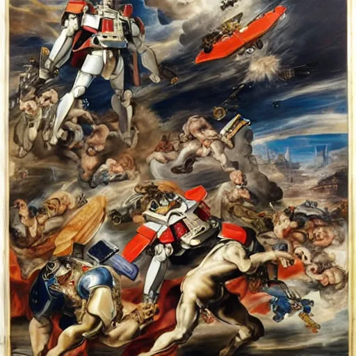 Image similar to peter paul rubens as consequences of wars with mecha gundam invited, random content position, delete duplicate content, photorealistic details content, incrinate, masterpiece, ultra detailed human structures.