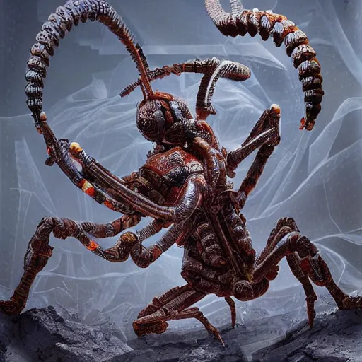 Image similar to a scorpion cyborg modern fine art, fractal, intricate, elegant, highly detailed, digital photography, subsurface scattering, in the style of ghost, by jheronimus bosch and yue minjun and giger and greg rutkowski