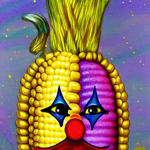 Prompt: UHD photorealistic Cosmic Corn on The Cob wearing a clown costume with real clown makeup in the style of tonalism