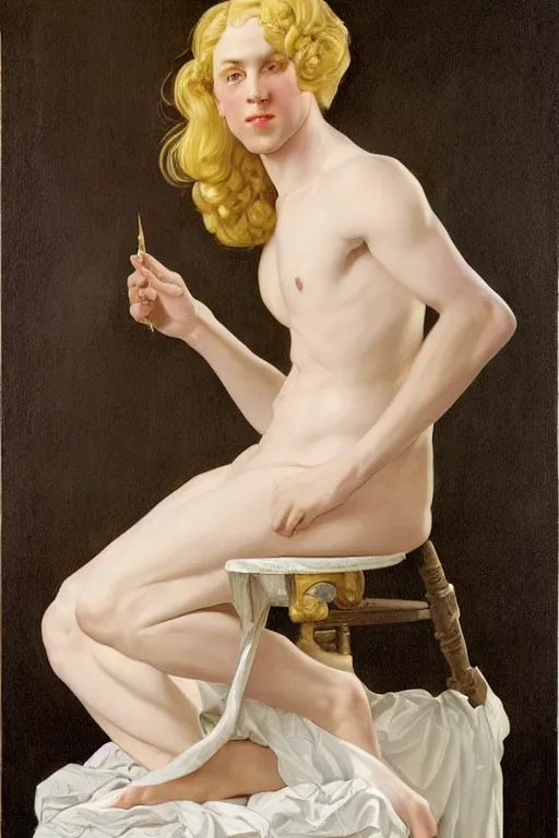 Prompt: Painting of lucius as an indolent consort, long blond drill curls, delicate androgynous prince, pale white porcelain skin, cool tones, by Leyendecker and Norman Rockwell