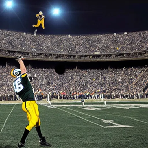 Prompt: brett favre throwing a football to the moon, high resolution, panoramic