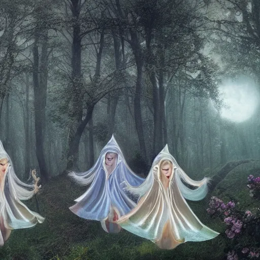 Image similar to elaborate and celestial elves looking marvelous and very etherealistic as they float about poutedly on their little clouds of mystical mist in the ethereal woods under the silvery light of the wicked moon