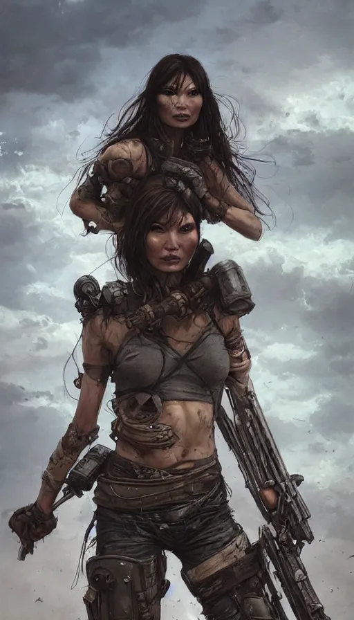 Prompt: road warrior, gemma chan beautiful girl, postapocalyptic, muscle cars, weapons, dystopian, grindhouse, george miller, made by stanley artgerm lau, wlop, rossdraws, james jean, andrei riabovitchev, marc simonetti, yoshitaka amano, beksinski artstation, cgsociety