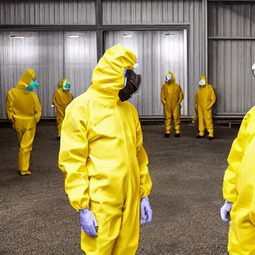 Image similar to Gene Wilder and Walter White in yellow hazmat suits, in the chocolate factory, photorealism, 8k