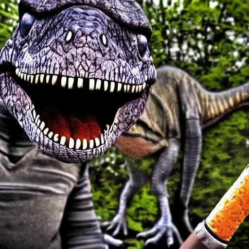 Image similar to dinosaur smoking a cigarette in their mouth realistic hdr professional shot