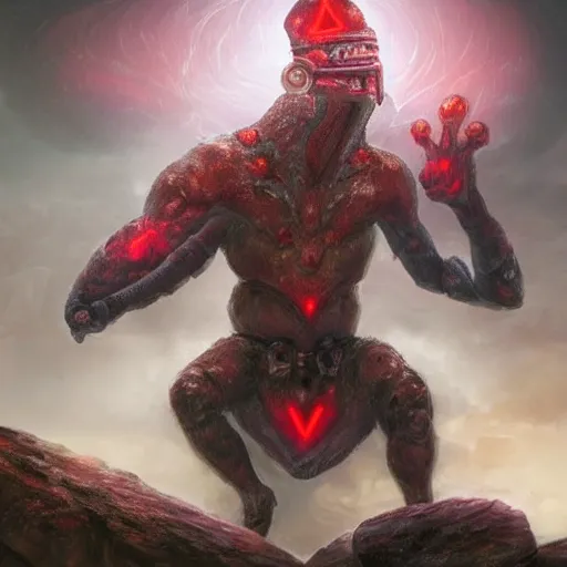 Prompt: a large rock elemental with glowing red runes adorning its body, it has a head shaped like a medieval helmet and one of its arms is much larger than the other, it stands menacingly with the camera looking up at it, high quality fantasy art