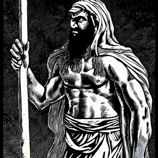 Prompt: ancient historically accurate depiction of the Bible Character Jesus, the Philistine warrior giant by frank miller