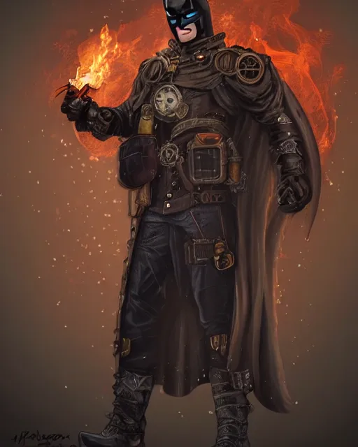 Image similar to steampunk batman with fire and ice magic coming out from his hands in a dystopian environment, full body view, highly detailed, amazing digital art, artstation, sharp focus